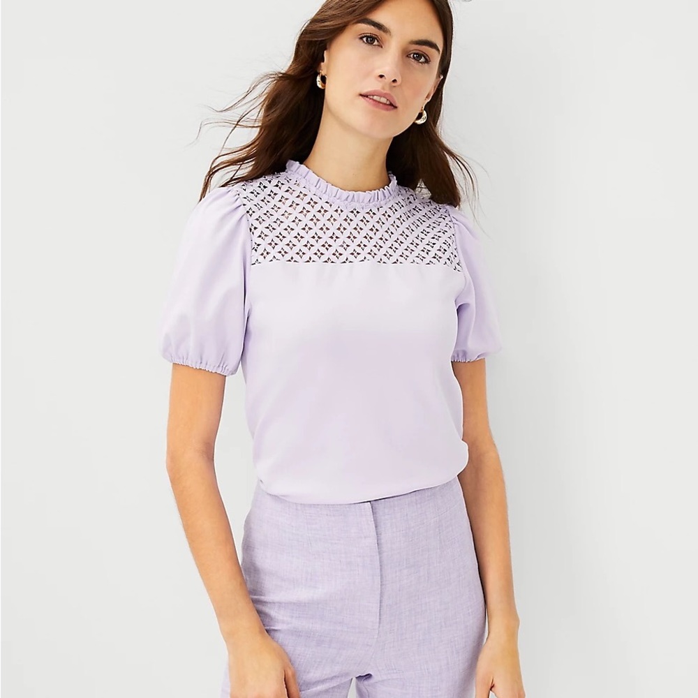 Ann Taylor Lavender Lace Yoke Puff Sleeve Blouse